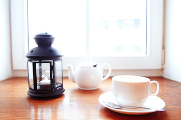 cup of tea or coffee in a cafe serving breakfast table
