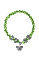 Elastic bracelet with green irregular beads and silver butterflies charms, isolated on white background, clipping path included.