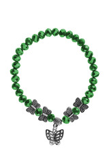Elastic bracelet with green irregular beads and silver butterflies charms, isolated on white background, clipping path included.