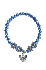 Elastic bracelet with blue irregular beads and silver butterflies charms, isolated on white background, clipping path included.