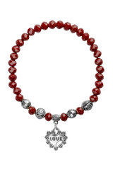 Elastic bracelet with red irregular beads and silver Love charms, isolated on white background, clipping path included.