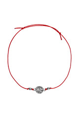 Red textile adjustable bracelet with silver Romanian Aquarius charm zodiac sign, isolated on white...