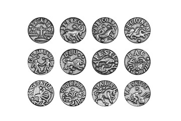Complete set of the twelve zodiac signs charms in Romanian, isolated on white background, clipping...