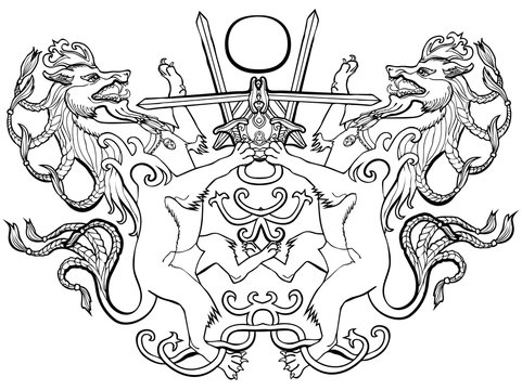 Vector illustration of coat of arms fantasy animal sword fight black and white