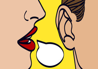 Woman lips whispering in mans ear drawing vector illustration