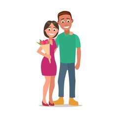 Couple with bouquet of flowers. Color flat vector illustration isolated