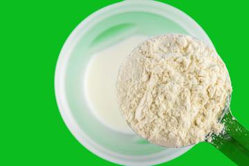 Fototapeta na wymiar Full measuring spoon with protein powder, directly above at shaker bottle with milk on green background, sports nutrition, top view