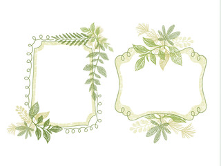 Hand drawn vector, doodle frame set with green plant leaves ornament. Branch border composition, card design