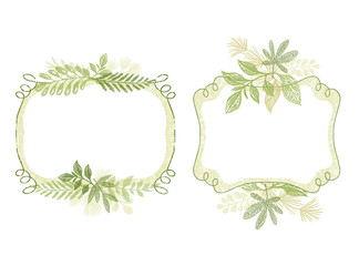 Vector frame set with green plant leaves ornament. Hand drawn branch border composition, card design