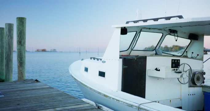 Fisherman's boat at a dock in a small coastal New England Town. 