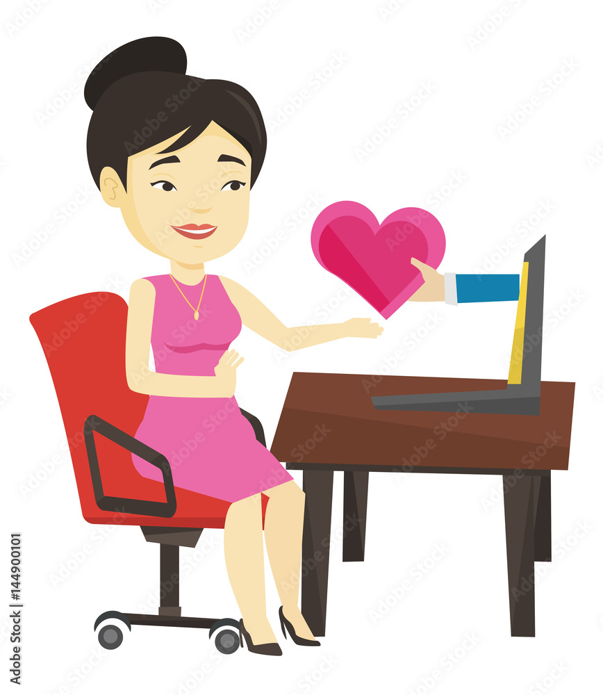 Sticker Young woman dating online using laptop.