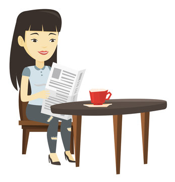 Woman reading newspaper and drinking coffee.