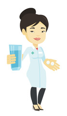 Pharmacist giving pills and glass of water.
