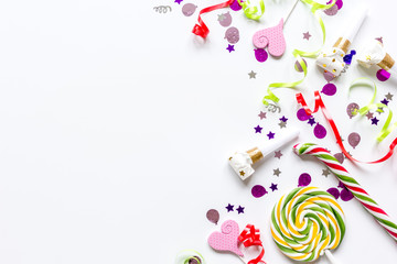 birthday party set with confetti on white background top view mock up