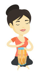 Woman playing ethnic drum vector illustration.