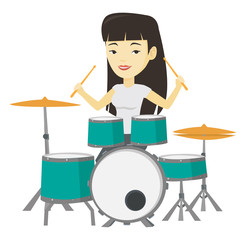 Woman playing on drum kit vector illustration.