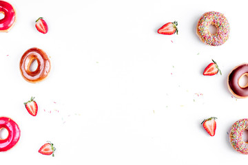 lunch with donuts and strawberry on white background top view mock up