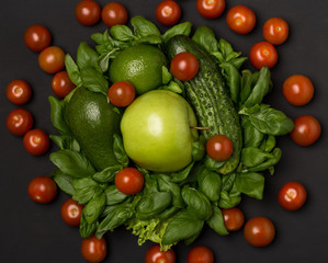 Healthy eating, dieting, slimming and weigh loss concept. Vegetables, greenery
 and сherry tomatoes