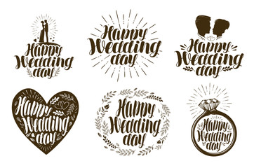 Happy Wedding day, label set. Married couple, love icon or logo. Lettering vector illustration