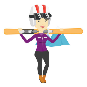 Woman holding skis vector illustration.