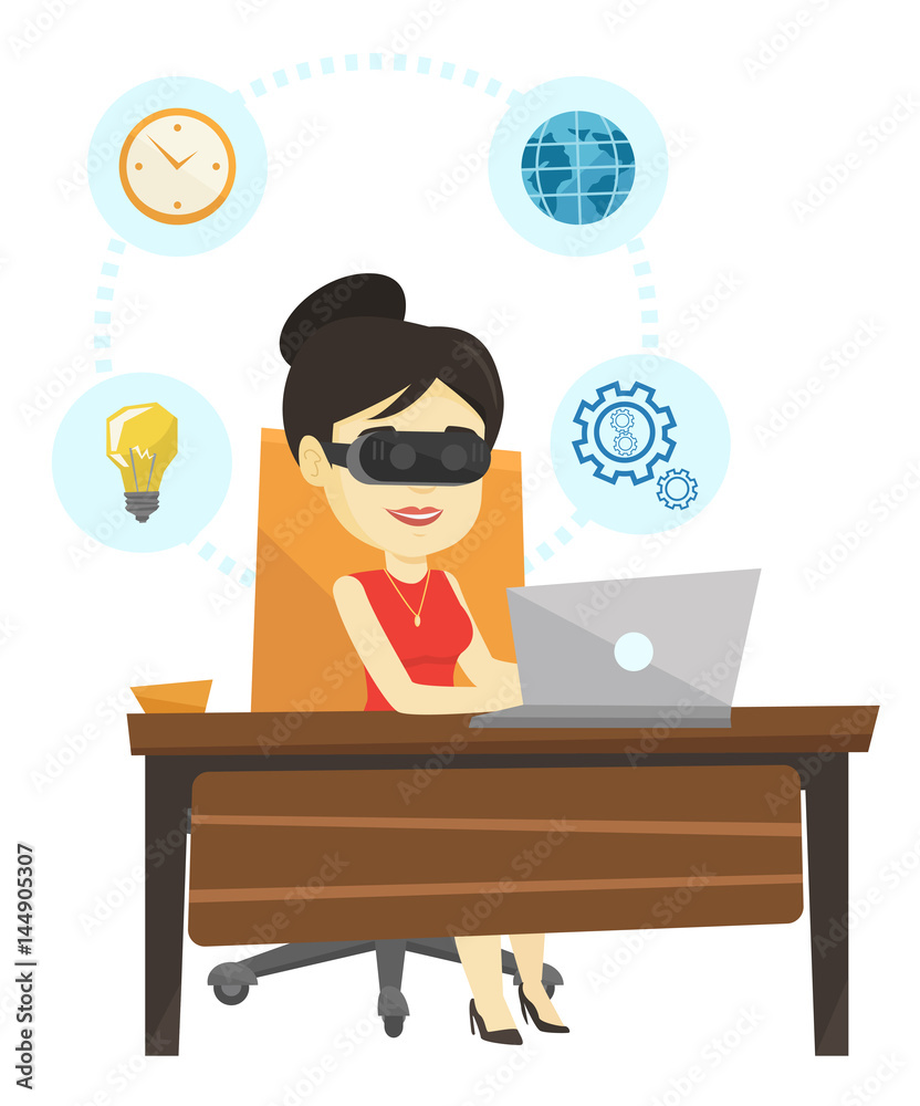 Poster Business woman in vr headset working on computer.