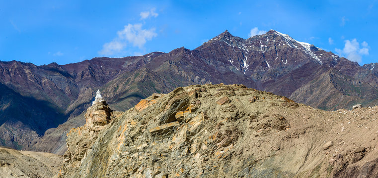 Unique ancient Buddhist stupa built stupa on the road near Basgo monastery - Tibet, Leh district, Western Ladakh, Himalayas, Jammu and Kashmir, Northern India
