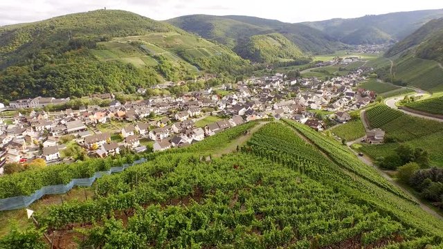 Aerial of a village (Dernau) in a winegrowing area in germany at the river Ahr