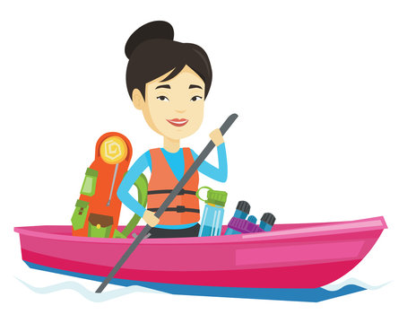 Woman riding in kayak vector illustration.