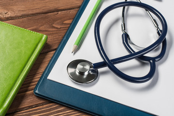 Desk of doctor with medicine things