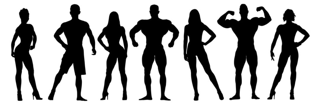 Set of bodybuilders vector silhouettes. Posing muscular men and women