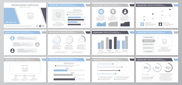 Set of gray and blue elements for multipurpose presentation template slides with graphs and charts. Leaflet, corporate report, marketing, advertising, annual report, book cover design.