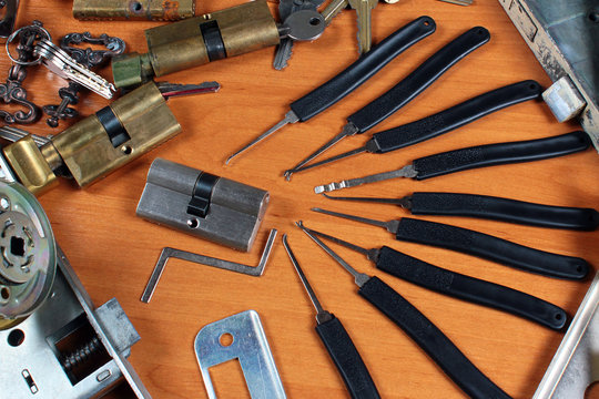 Locks and lockpicks at locksmith's workshop