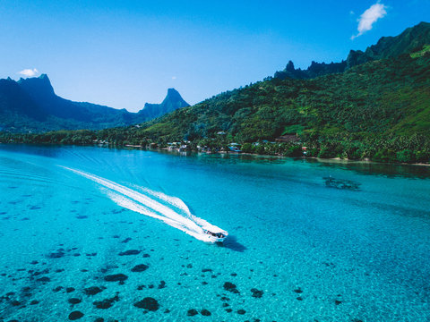 Speedboat on sea by green mountains, Mo'orea, South Pacific 