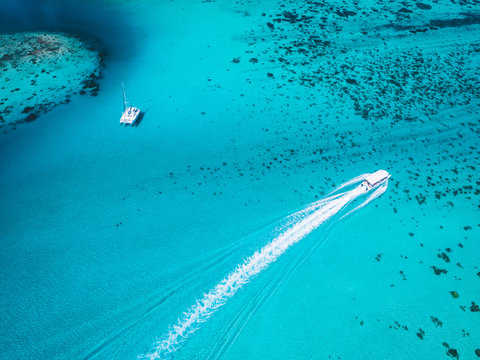Boats on sea, aerial view, Mo'orea, South Pacific 