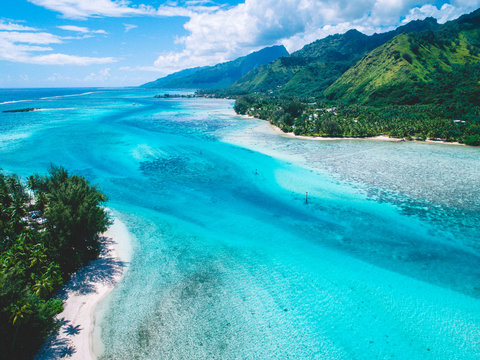 Aerial view of tropical coastline, Tahiti, French Polynesia