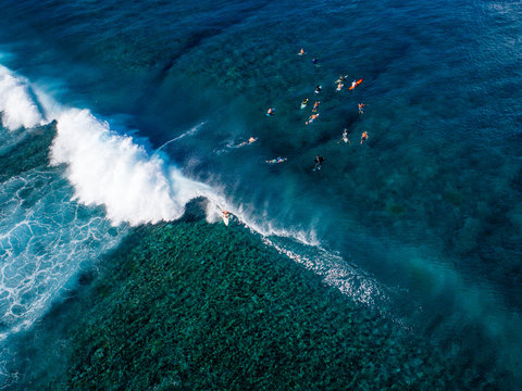 Aerial view of surfers in sea, Tahiti 