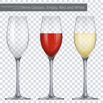 Wine Glasses. Vector illustration of 3 Wine Glasses. One empty and others with red and white wine.