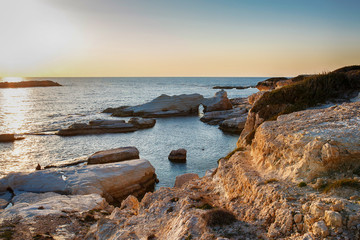Sea caves near Paphos at sunset, Cyprus