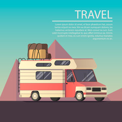 Vector illustration of a van going to the road trip in flat design. Poster for text on travel theme with blue sky and mountains on the background.