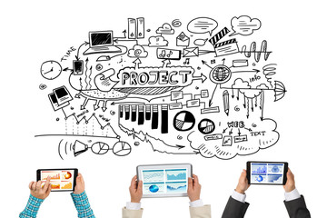 Top view of businesspeople using gadgets on white background