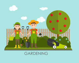 Garden Background Vector Illustration. Farmer Gardener Man and W