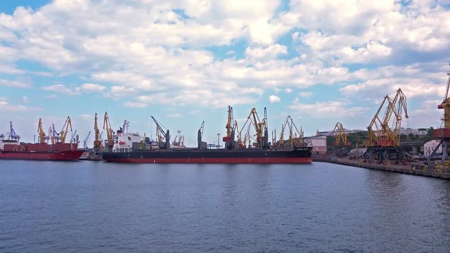 4K Sea Port With Cargo Cranes in the Shipyard