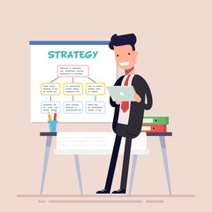 Businessman or manager uses a tablet standing near the workplace. Poster business strategy. Folders with documents on the table. Flat character. Vector illustration.