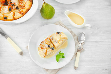 Delicious bread pudding with fruits on plate