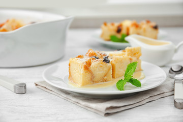 Delicious bread pudding with fruits on plate