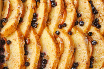 Tasty bread pudding with berries, closeup