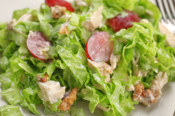 Plate with chicken salad and grapes, closeup