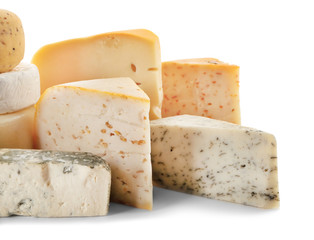 Set of various cheeses on white background, closeup