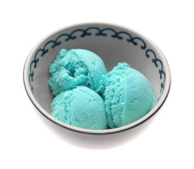 Tasty mint ice cream in bowl on white background