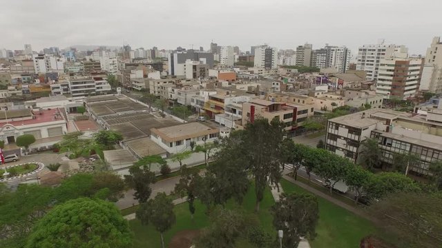 Aerial of LIMA with the skyline and a park in Miraflores. Peru, South America. LIMA, 